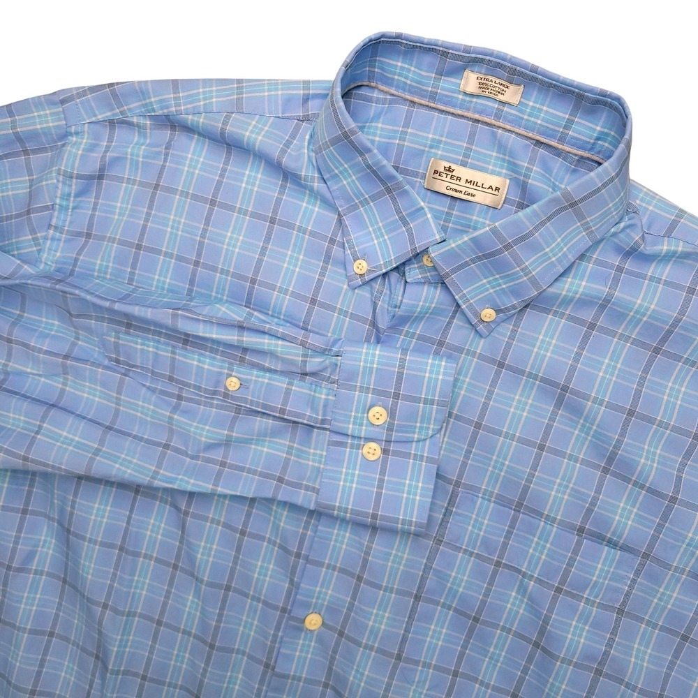 Peter Millar Crown Ease Shirt Mens XL Blue Plaid Long Sleeve Button Down Cotton